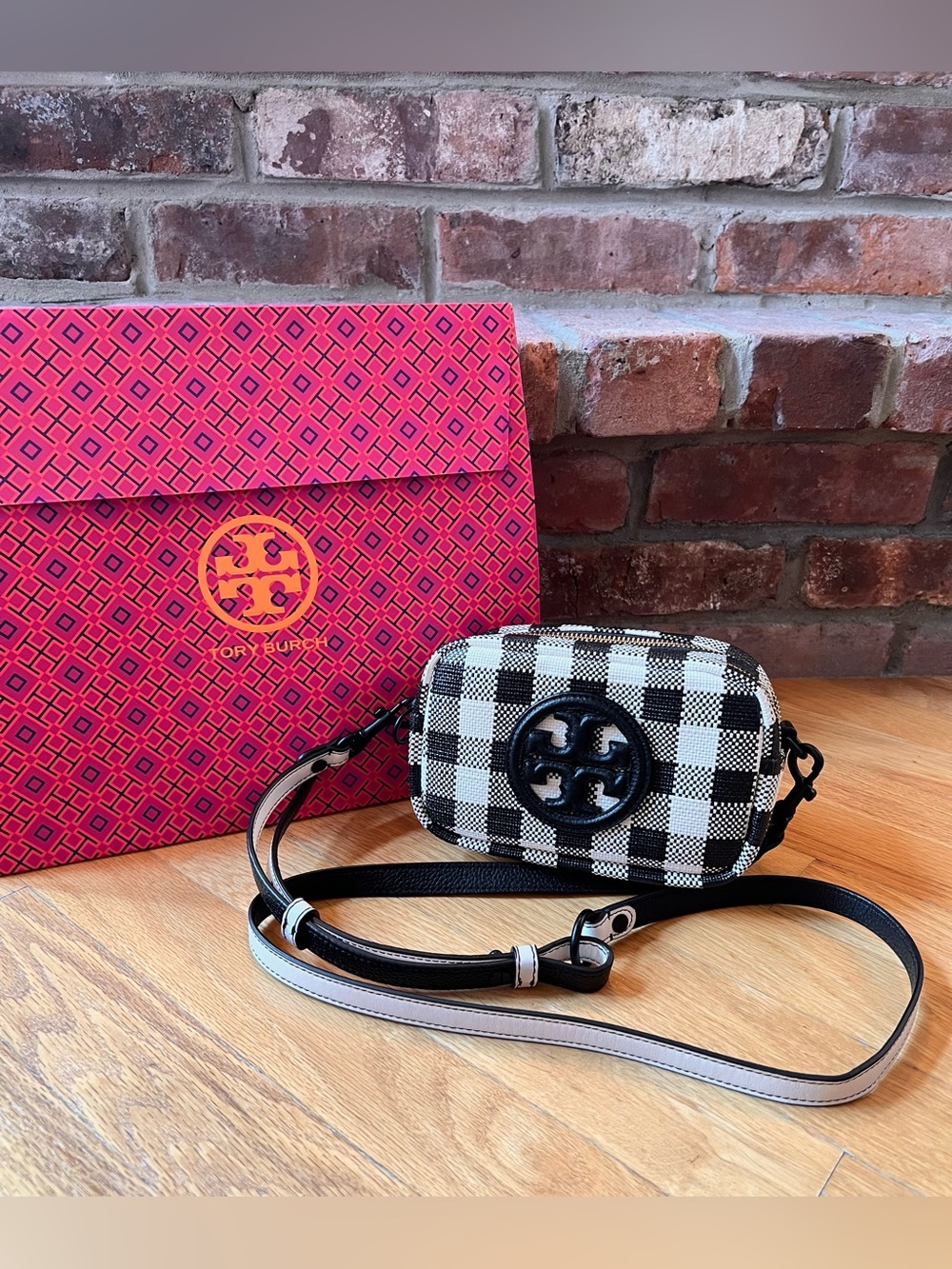 Tory Burch Black & Ivory Perry Bombe Gingham Mini Camera Crossbody Bag